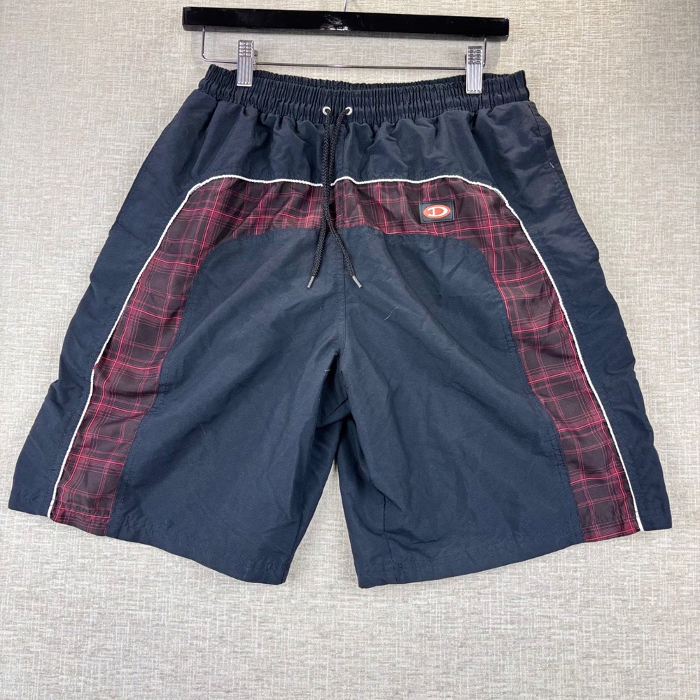 Y2K Champion Mens 21 Black Nylon Track Shorts Red Plaid Side Panels Drawstring